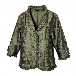 Olive Green Textured Cocktail Jacket with Ruffle Trim